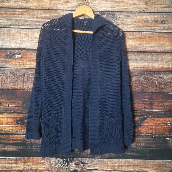 Talbots Medium Petite Open Hooded Loose Knit Cardigan Sweater Navy Blue Cotton - Picture 4 of 8